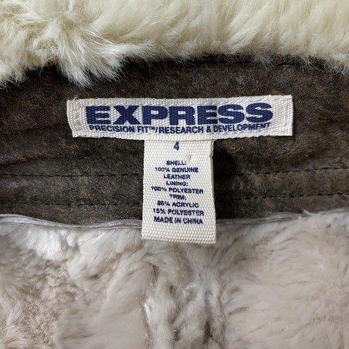 Express Leather Jacket Women 4 Faux Fur Distressed Brown Flight Pilot Vintage - Picture 3 of 16
