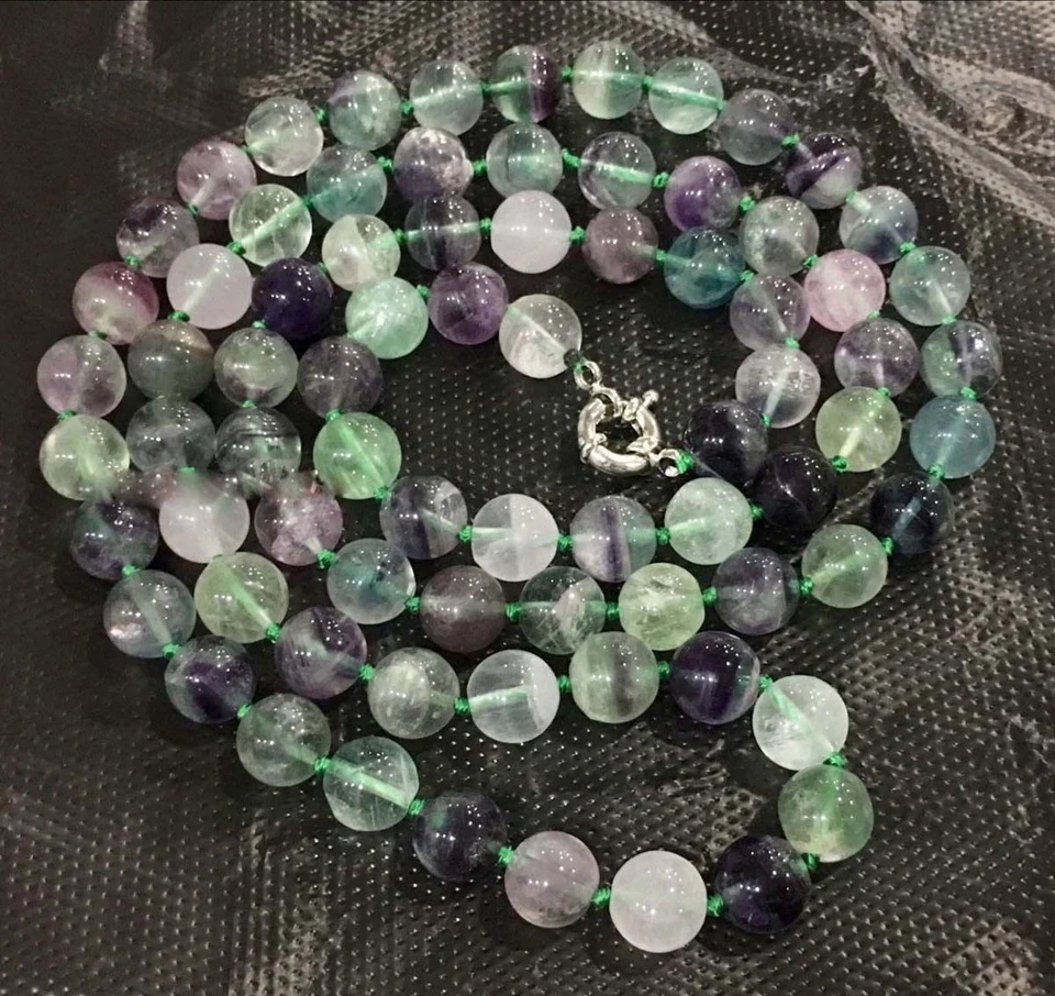 Colar de miçangas redondas de fluorita multicoloridas naturais 8 mm/10 mm 36"" - Imagem 4 de 4