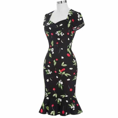 Vestito pin up nero fiori ciliege anni 40 50 60 donna ragazza vintage  rockabilly