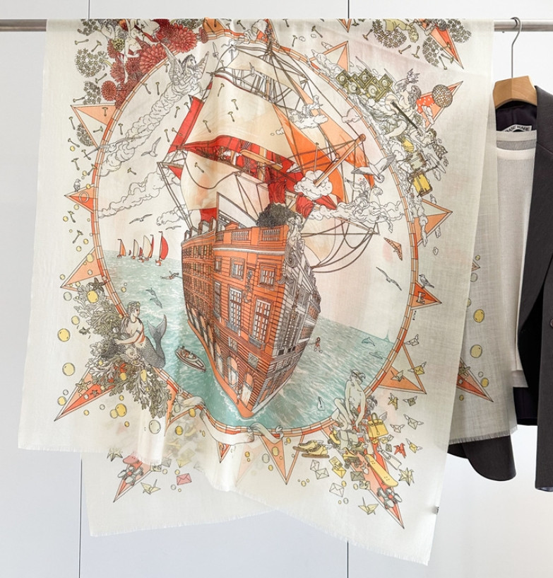 100% Wool Beige Cruise Printed Long Shawl Scarf 200x100cm