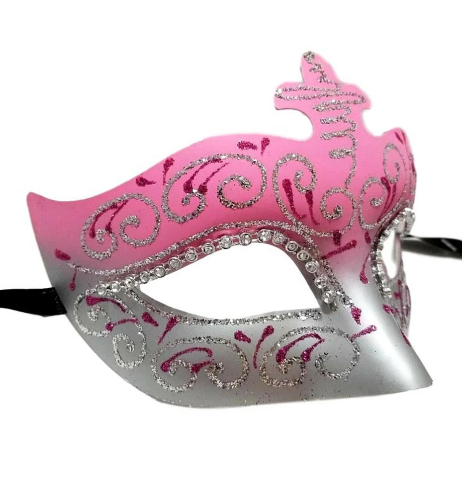 Pink Silver Sparkle Scroll Venetian Masquerade Mardi Gras Mask Prom - Image 2 of 2