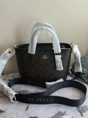 NWT Coach City Mini Tote Bag Signature Canvas Gold Walnut Black CW032 Leather