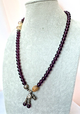 Vtg Glass Beads Estate purple silver charms mala buddhist medidation boho mantra