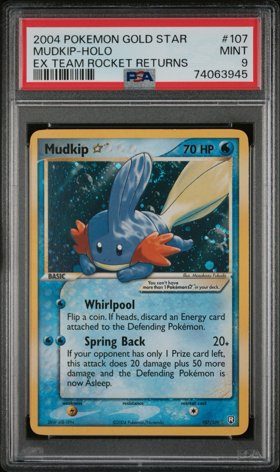 SWIRL PSA 9 Mudkip Gold Star Holo 2004 Pokemon EX Team Rocket Returns #107 Mint