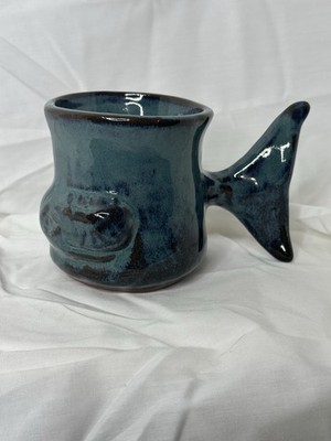 Thora Pottery Whale Mug Blue Green Studio Pottery Fish Tail Handle Handmade