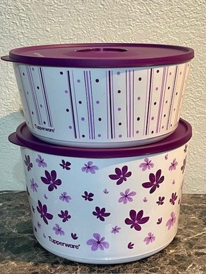 TUPPERWARE BLOSSOM W/DESING  SET OF 2  4.3L/18cup ~ 6.6L/28cup  Purple  COLOR!