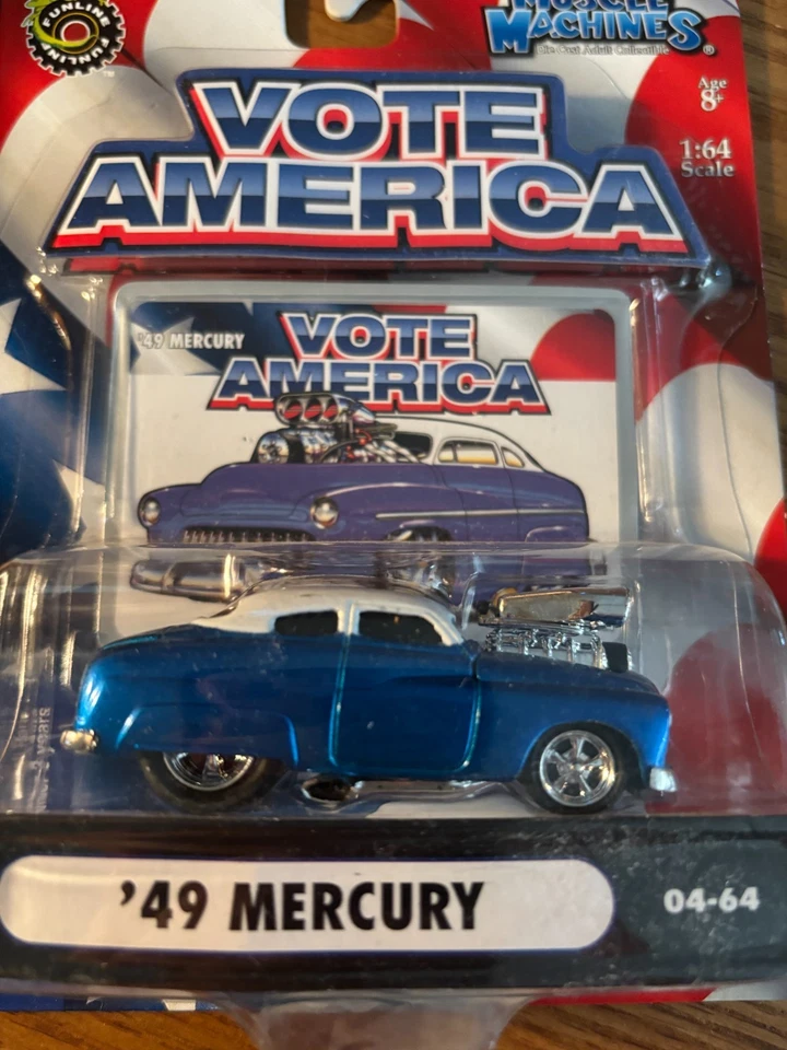 MUSCLE MACHINES VOTE AMERICA 49 MERCURY CUPÉ ROJO Y AZUL FUNDIDO A PRESIÓN ESCALA 1/64 NUEVO Foto 3 de 4
