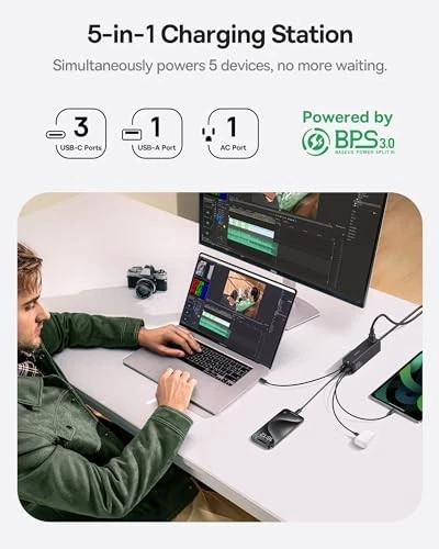ESTAÇÃO DE CARREGAMENTO BASEUS 100W 5 EM 1 FAIXA DE ENERGIA DE VIAGEM USB CCGAN100C6-S - Imagem 3 de 4