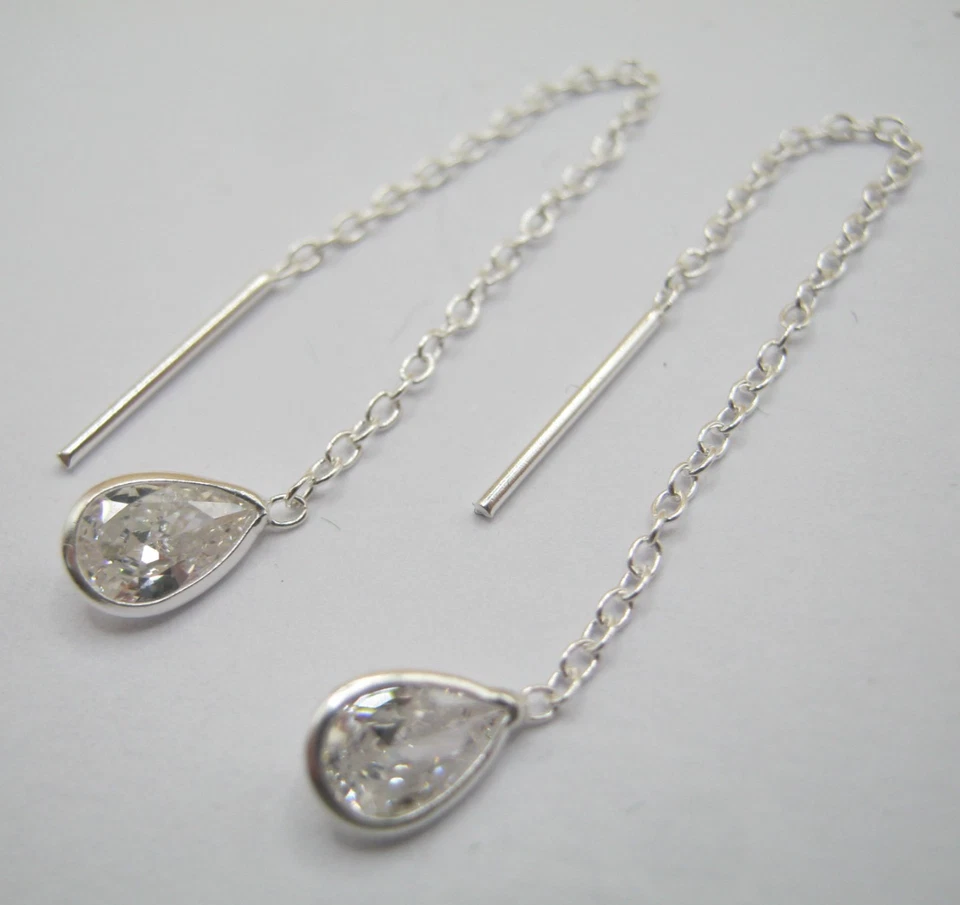 925 Solid Silver Tear Drop Shape Threader Earrings Decorated With Simulated CZ - Image 2 of 4