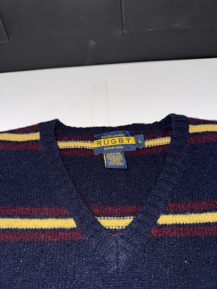 Polo listrado Ralph Lauren (rugby) colete de lã sem mangas suéter vintage - Imagem 3 de 4
