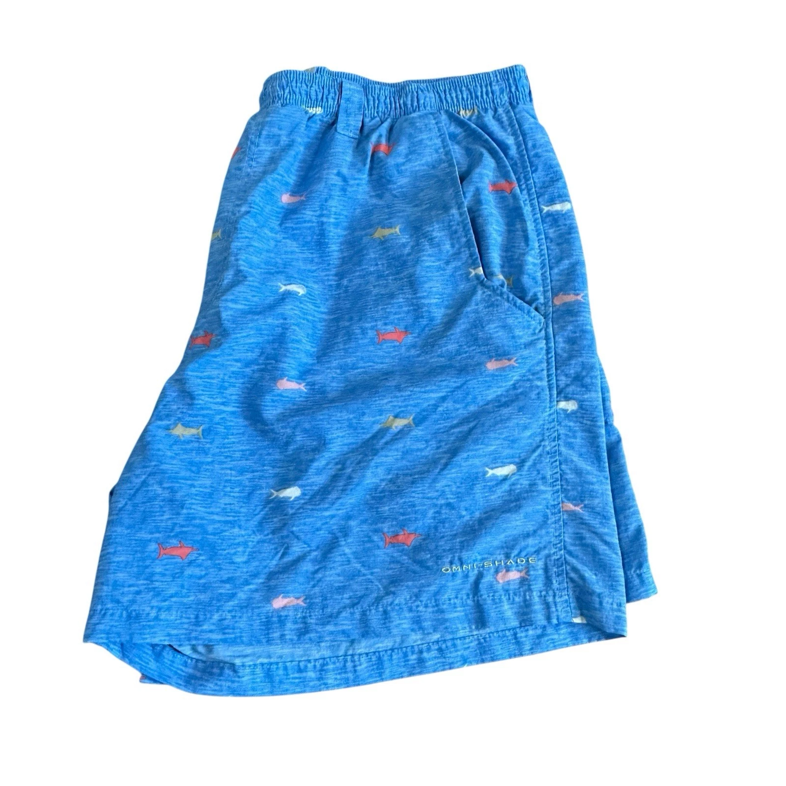 Columbia PFG Men’s Omni-Shade Shorts. Size Large Hammerhead Shark Print, Blue