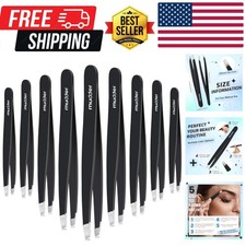 12 Pcs Eyebrow Tweezers Set for Facial Hair Stainless Steel Slanted Tip Tweez...