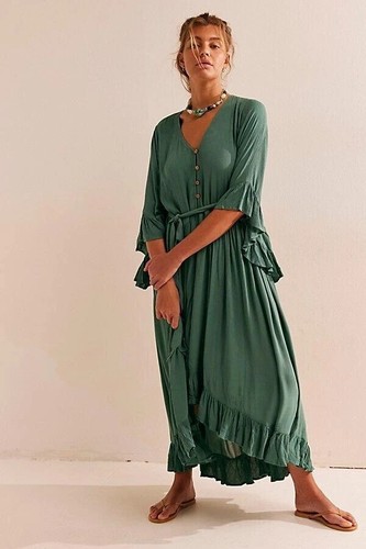 Free People Selina Ruffle Maxi Dress in Jaded (Green) - SMALL - BNWT - £118