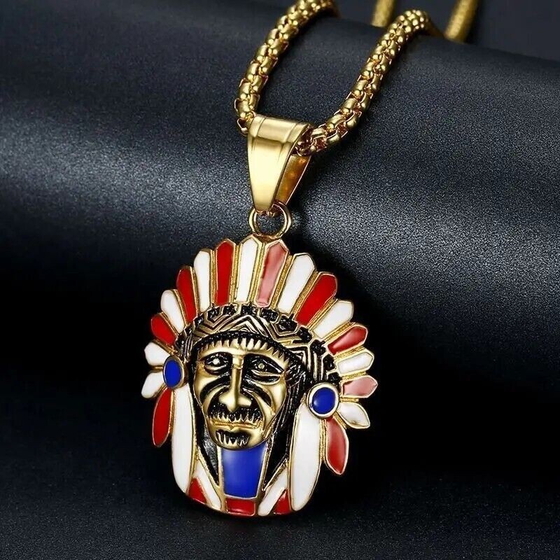 Indian Chief Head Pendant Necklace Native American - Golden Color