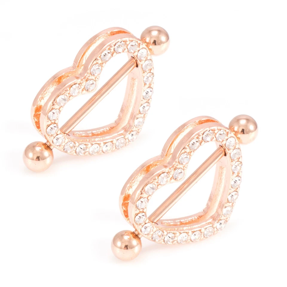 Par de Anillo Corazón Escudo Pezón Oro Rosa 14G I.P.  Barra con gemas de circonita cúbica Foto 4 de 4