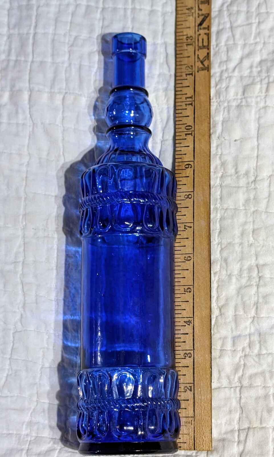 Decorative Blue Glass Bottle Embossed Rope Design Home Decor 12" Collectible Vtg
