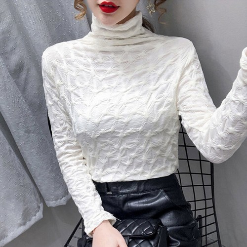 Damen Jacquard Netz Spitze Top Rollkragen Slim Unterhemd Pullover Plissiert DE- - Bild 13 von 32