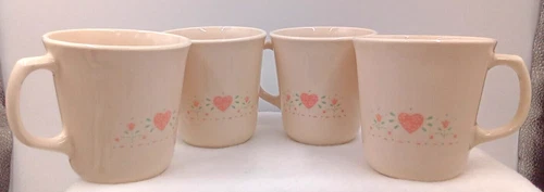 Corning Ware Forever Yours Mugs Coffee Tea Cup Pink Hearts Handles USA Set of 4