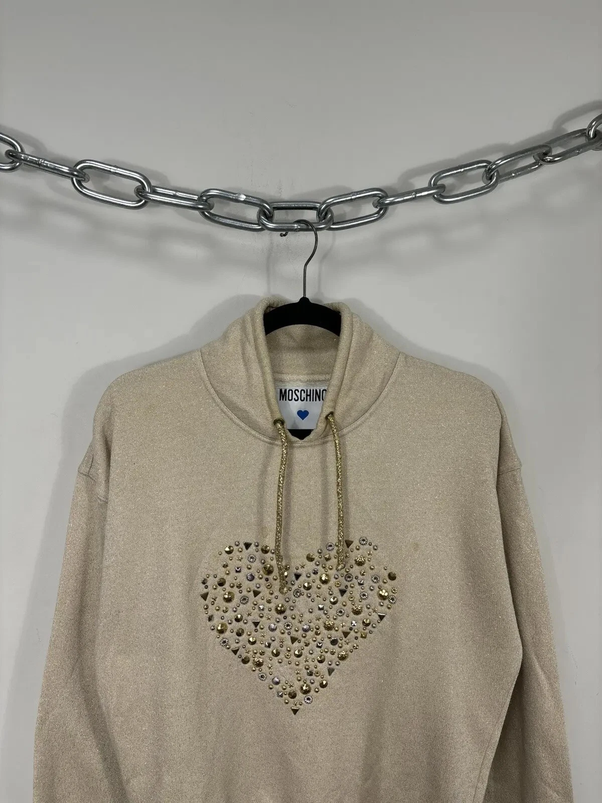 OFF WHITE Felpa con cappuccio donna Moschino vintage cuore strass logo M