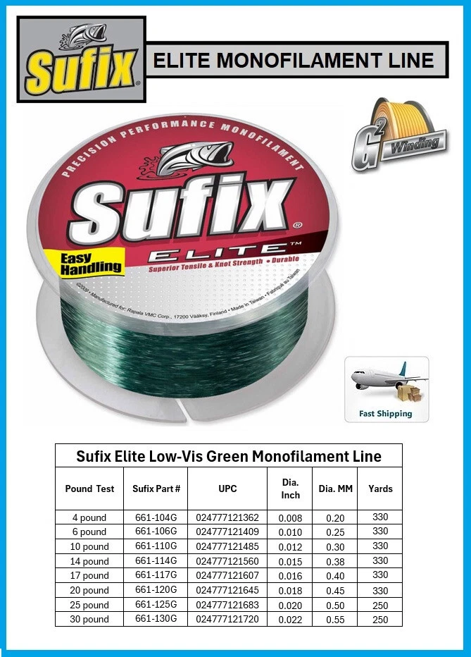 Línea de monofilamento SUFIX ELITE VERDE BAJA VISIBILIDAD 330/250 yardas ¡ELIGE TU TALLA! Foto 2 de 2