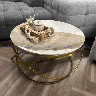 FURNITUREDW Spiro Gold Circle Stand 80cm x 41cm Cream Sintered Stone Round Coffee Table New