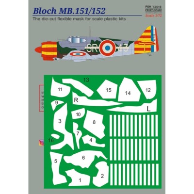 Bloch MB.151/152 Paint Masks+Decal Scale for airplane 1:72 Print Scale PSM72018