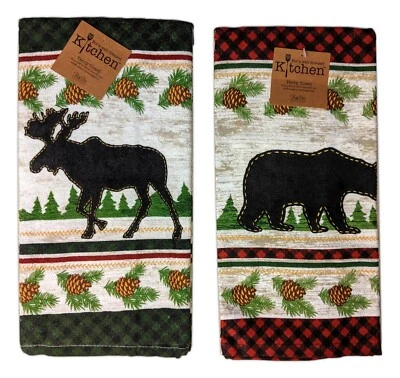 Set of 2 WOODLAND MOOSE & BEAR Terry Kitchen Towels by Kay Dee Designs