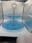 Vintage Blue Depression Glass Tiered Serving Tray 10” Glows Under Black Light