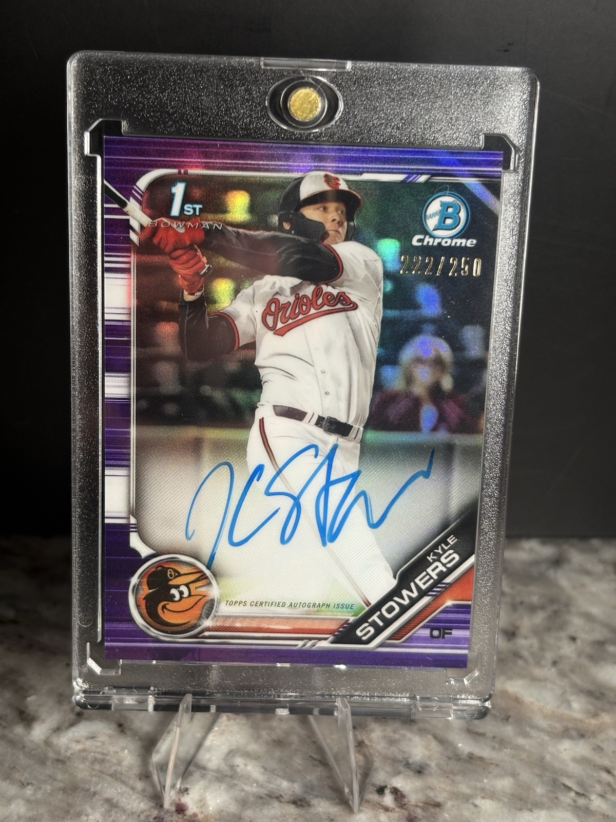 KYLE STOWERS 2019 BOWMAN CHROME DRAFT 1ST AUTO PURPLE REFRACTOR #/250