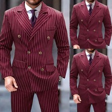 Burgundy Pinstripe Men's Suit Double Breasted Formal Wedding Party Business 2Pcs