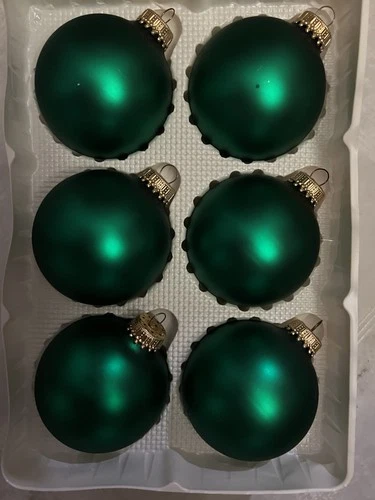 Krebs EMERALD GREEN Shiny Ornaments, Box of 6. GLASS. Christmas, DESIGNER.