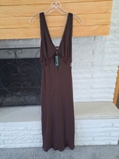 New Wild Fable Brown Lace Trim Maxi Dress  Plunging V-Neckline Sheer Mesh M