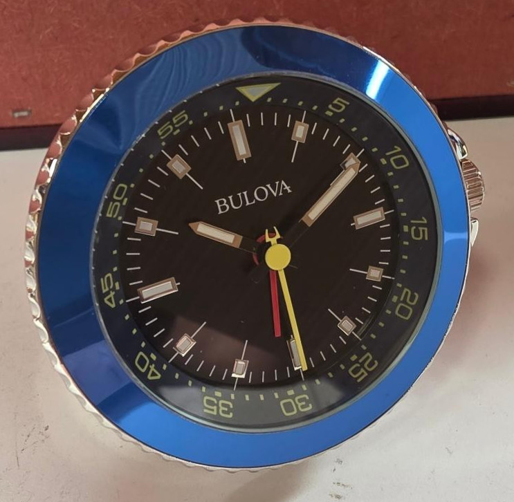 Bulova Travel Table Alarm Clock $ 100 . Blue Bezel Desk PORTABLE 2 . 5 " DIA featured image