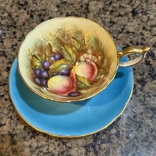 Vtg Aynsley D Jones SIGNED Teal Fruit Orchard Bone China Tea Cup & Saucer Doris