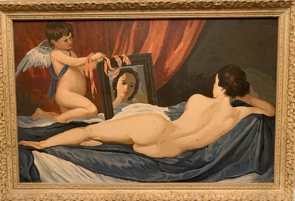 MCM винтажный середины века отдыха обнаженной женщины и Амура портрет картина маслом в рамке - Изображение 2 из 4