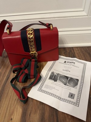 Gucci Sylvie Red Striped Web Gold Chain Shoulder Bag Detachable Strap