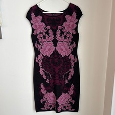 Ann Taylor Women knit sweater dress Elegant Black purple Pink Floral medium EUC