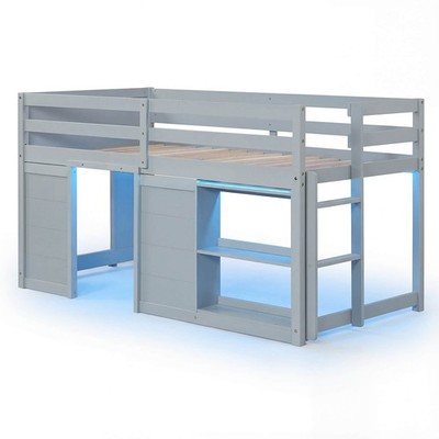 Twin Size Loft Bed w/ LED Lights, 2 Doors, Underbed Space & Shelves for Kids