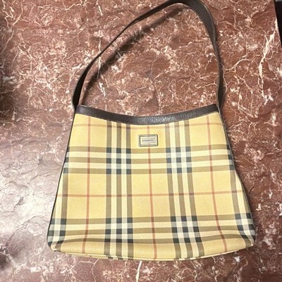 Burberry Nova Check Plaid Shoulder Bag Beige Brown Leather Trim Magnetic Closure
