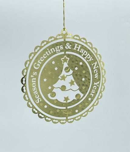 Figis Brass Ornament Season's Greetings Happy New Year Decorated Christmas Tree - Picture 2 of 5