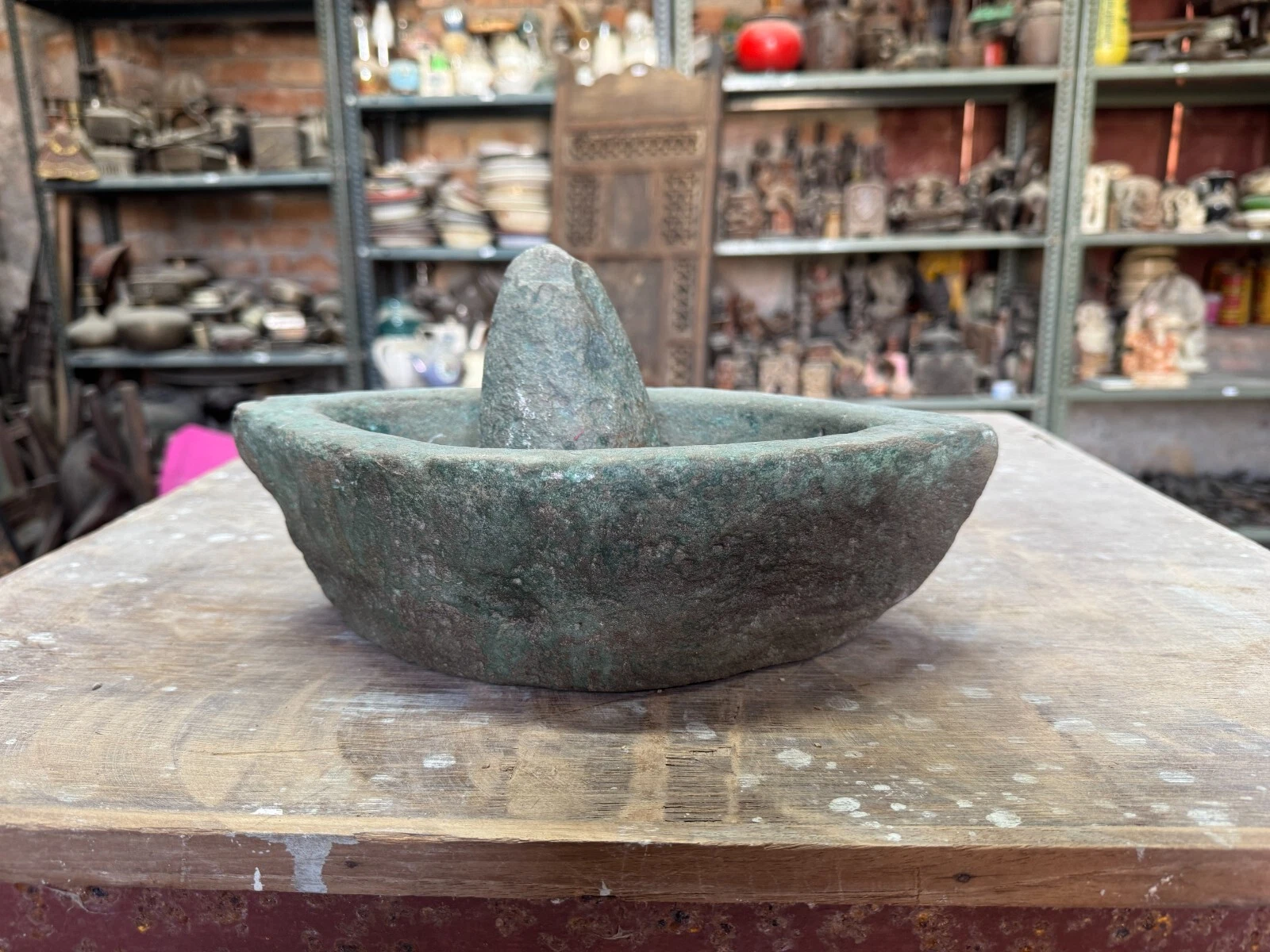 19 C Indian Antique Old Sandstone Kitchenware Spice Grinding Mortar With Pestle