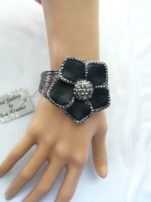 Opal Gallery by Iris Kreshes  Metallic Grey Rhinestone Black Enamel Bracelet