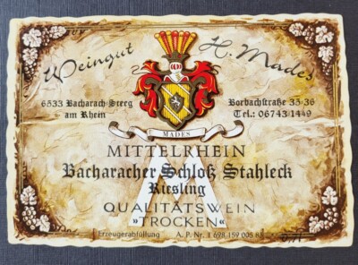 Wine label Riesling dry Bacharacher Castle Stahleck H. MADES Middle Rhine 