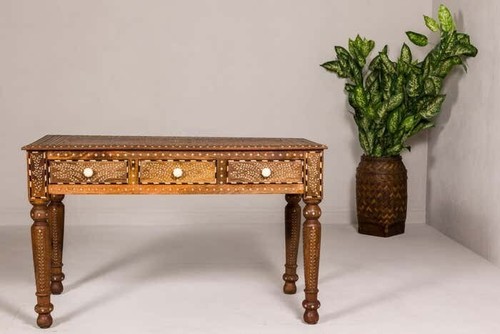 Anglo Indian Style Mango Wood Console or Desk with Three Drawers and Bone Inlay - Picture 2 of 19