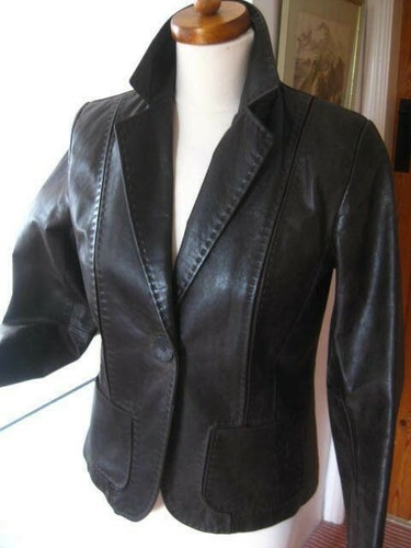 CHAQUETA BLAZER DE CUERO M&S 12 14 Western boyfriend DJ esmoquin marrón suave real - Imagen 7 de 14