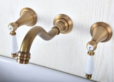 Antique Brass Bathroom Basin Faucet Widespread Sink Mixer Tap Wall Mount Zsf516