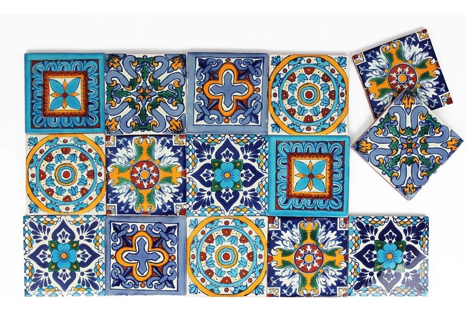 Blue and Yellow Mexican Tiles Talavera SET WALL TILES For Bath Kitchen - Armando - Image 4 of 4