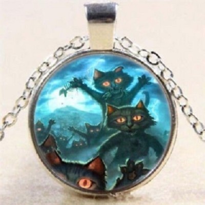 Silver 20'' Necklace Pendant HALLOWEEN BLACK CAT EYE SCARE GHOST PUMPKIN female  