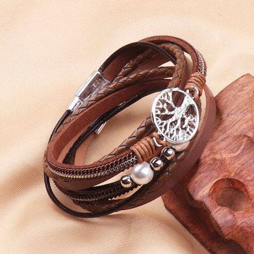 Tree Of Life Leather Multi-Layer Wraps Bracelet, Boho Wide Buckle Wristband Bang - Picture 4 of 5