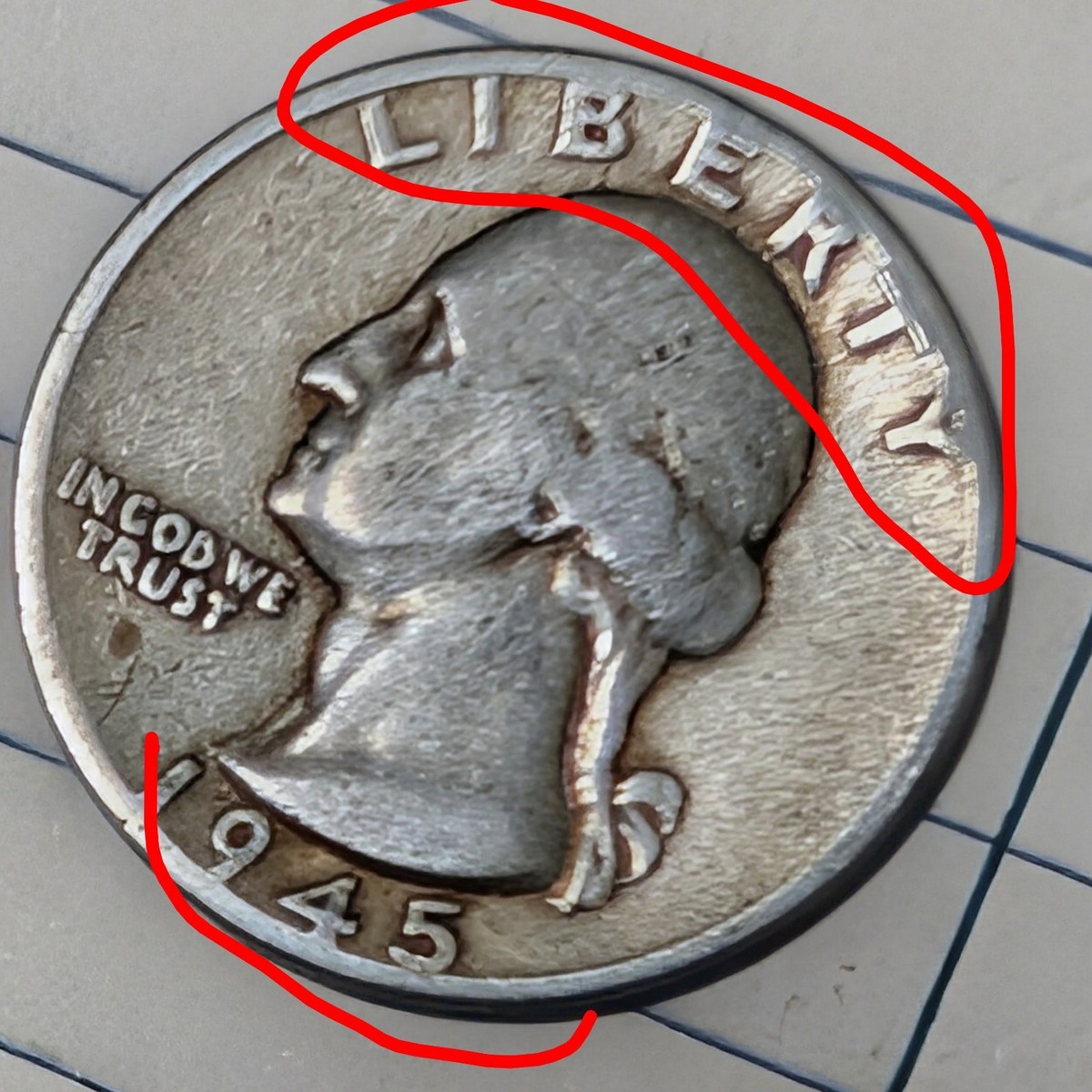 1945 Washington Silver Quarter. Large CUD Error Over Liberty No